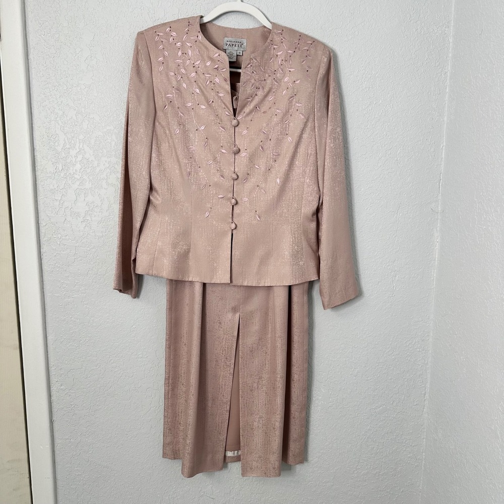 Adrianna Papell Pink Silk Embroidered Jacket Skirt Suit Set Womens Size‎ 10